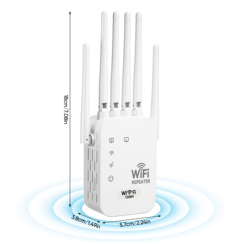 WiFi Range Extender 1200Mbps WiFi 6 Dual-Band 2.4/5.8GHz with Six Antennas and White Wall-Plug Design