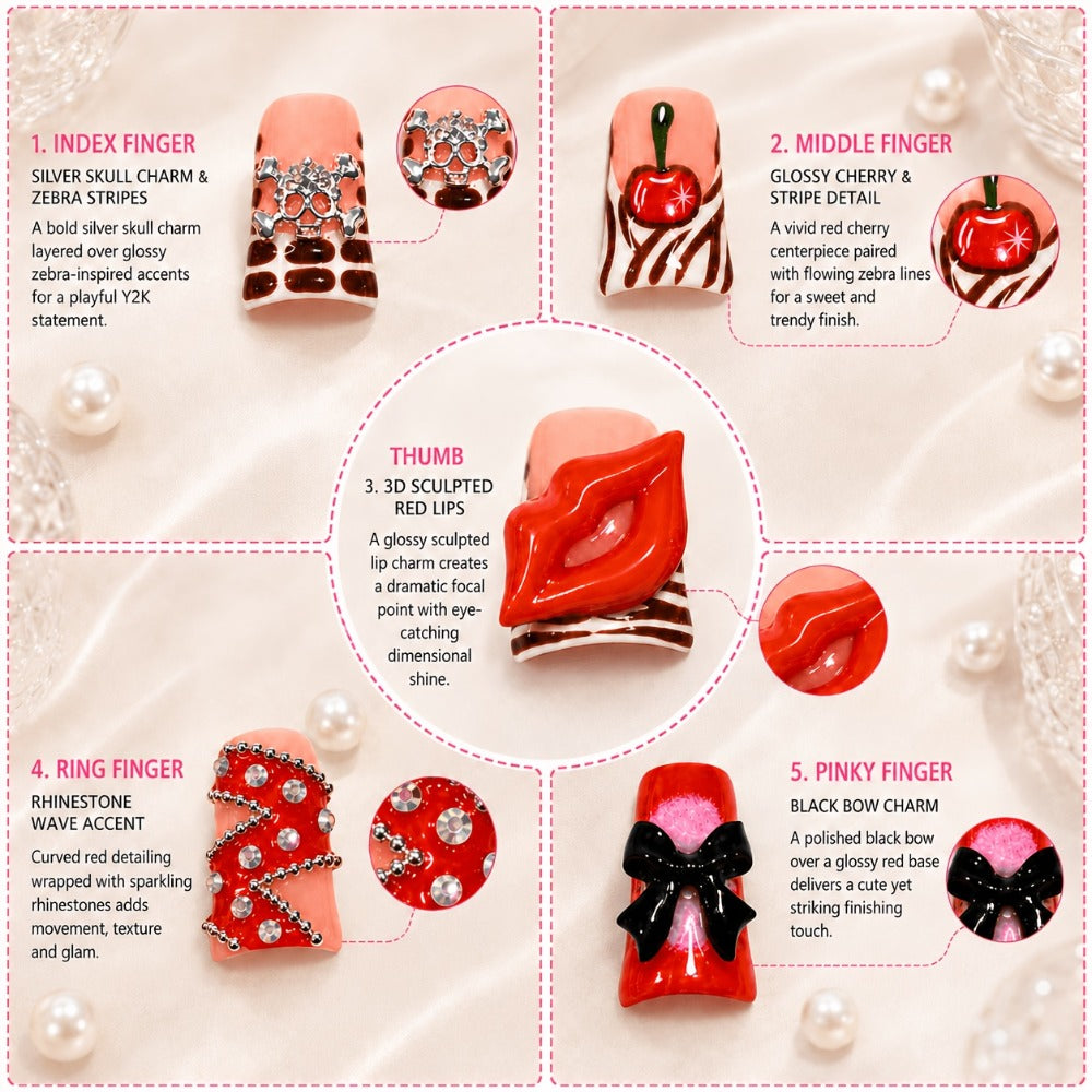 Short Duckbill Press On Nails 3D Red Lips Skull Cherry Bow Rhinestone – Zebra Stripe Polka Dot Sweet Cool Acrylic Nail Art Set for Party, Date Night & Daily Wear, 10pcs S/M/L with Tools