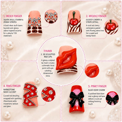 Short Duckbill Press On Nails 3D Red Lips Skull Cherry Bow Rhinestone – Zebra Stripe Polka Dot Sweet Cool Acrylic Nail Art Set for Party, Date Night & Daily Wear, 10pcs S/M/L with Tools