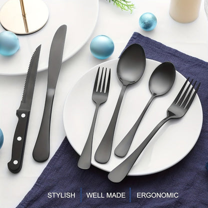 Stainless Steel Flatware Set with Steak Knives – 24/48 Piece Silverware Set Service for 4 or 8, Mirror Polished Cutlery, Dishwasher Safe, Silver & Black