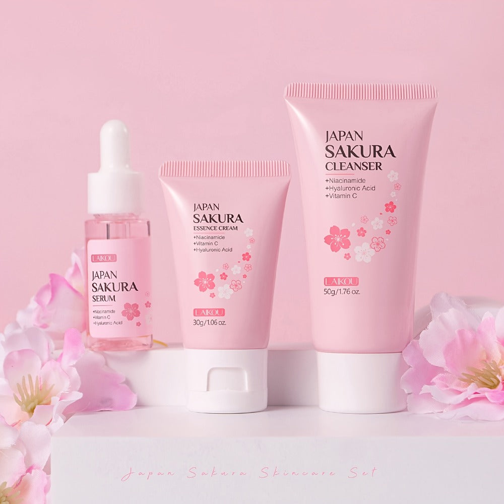 Skincare Set with LAIKOU Label, 10 Sakura Products for Cleanser Serum Cream Mask Lip and Eye Steps
