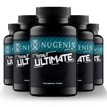 Five-Bottle Botanical Men's Health Supplement Tablet Set with Coordinated Containers and Labels