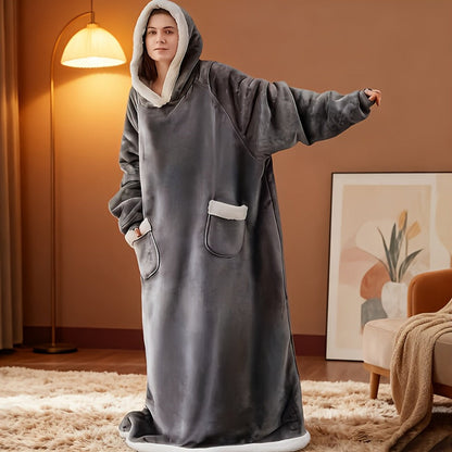 Plaid Fleece Wearable Hooded Blanket – 400gsm Warm Cozy Oversized Hoodie Bedspread, Machine Washable, 4 Colors, 70" Length