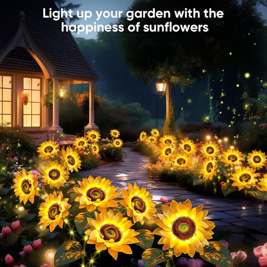 Solar Sunflower Garden Stake Lights 4 Pack | 12 Lifelike LED Flowers IP44 Waterproof Auto On Off | Floral Path Lighting for Patio Yard Porch with 8 Clip-On Butterfly Accessories