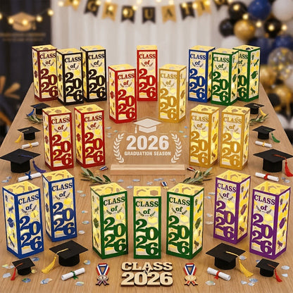 Graduation Centerpiece Set 6pcs Class of 2026 – Decorative Lantern Box Table Decorations for High School & College Graduation Party, Photo Booth Props, Party Kit in Red Blue Green Purple Maroon