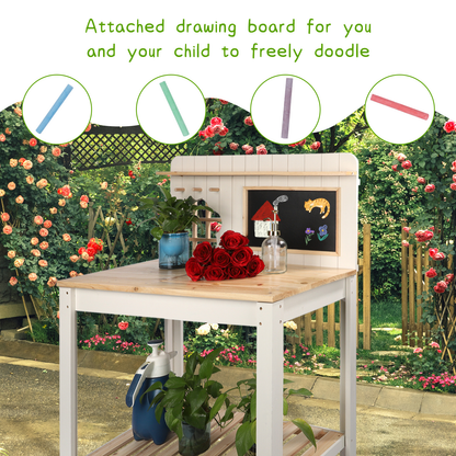 Potting Bench Table Cedar Wood Garden Workstation with Blackboard Removable Sink Hooks Double Shelf for Patio Balcony Courtyard Outdoor Planting Work Bench