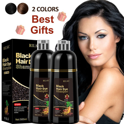 Herbal Hair Dye Shampoo 3-in-1 with Plant Squalene 2pcs 16.91oz — Instant Gray Hair Coverage, Natural Color in Minutes, Brown Dark Brown & Black, Unisex Men & Women