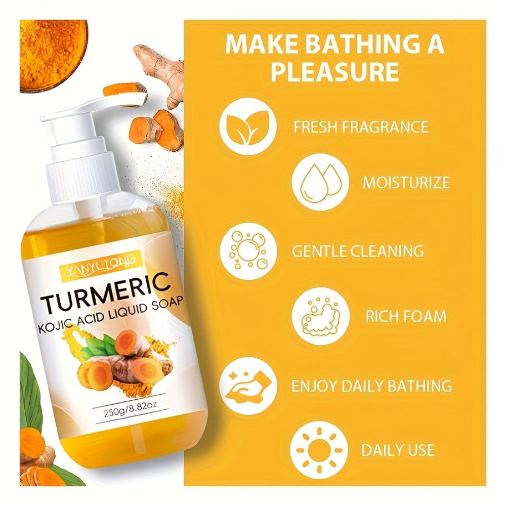 Turmeric and Kojic Acid Liquid Body Wash in a 250g Amber Pump Bottle with Single-Piece Option