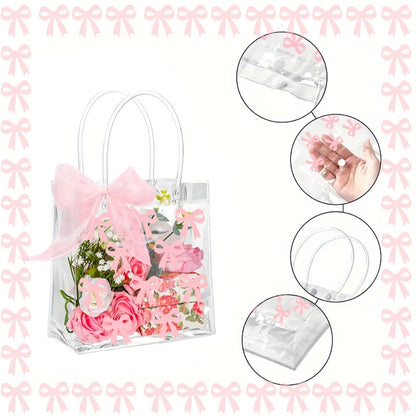 Gift Bag Set Clear PVC, 24 Transparent Tote Bags with Pink Bow Handles and One 32.8-Foot Ribbon Roll