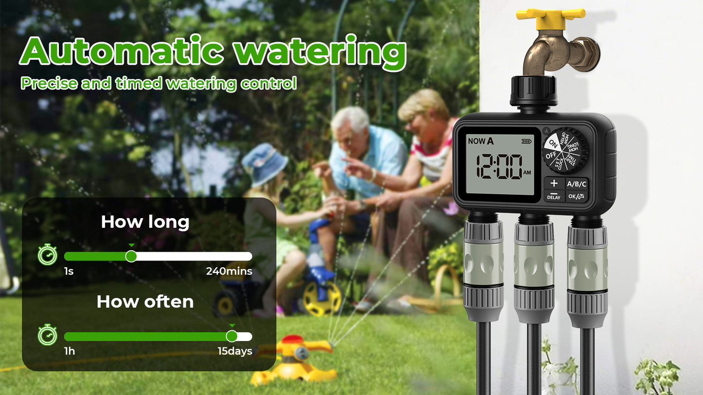 3-Zone Sprinkler Timer with Auto/Manual/Rain Delay Modes – Programmable Garden Hose Irrigation Controller, LCD Display, IPX5 Waterproof