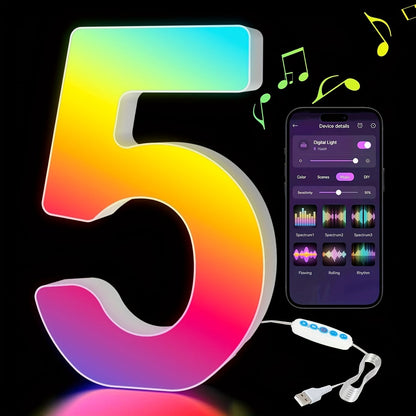 RGB LED Letter and Number Light with 38 Checkout Shapes, USB Power, App Control and Music Sync