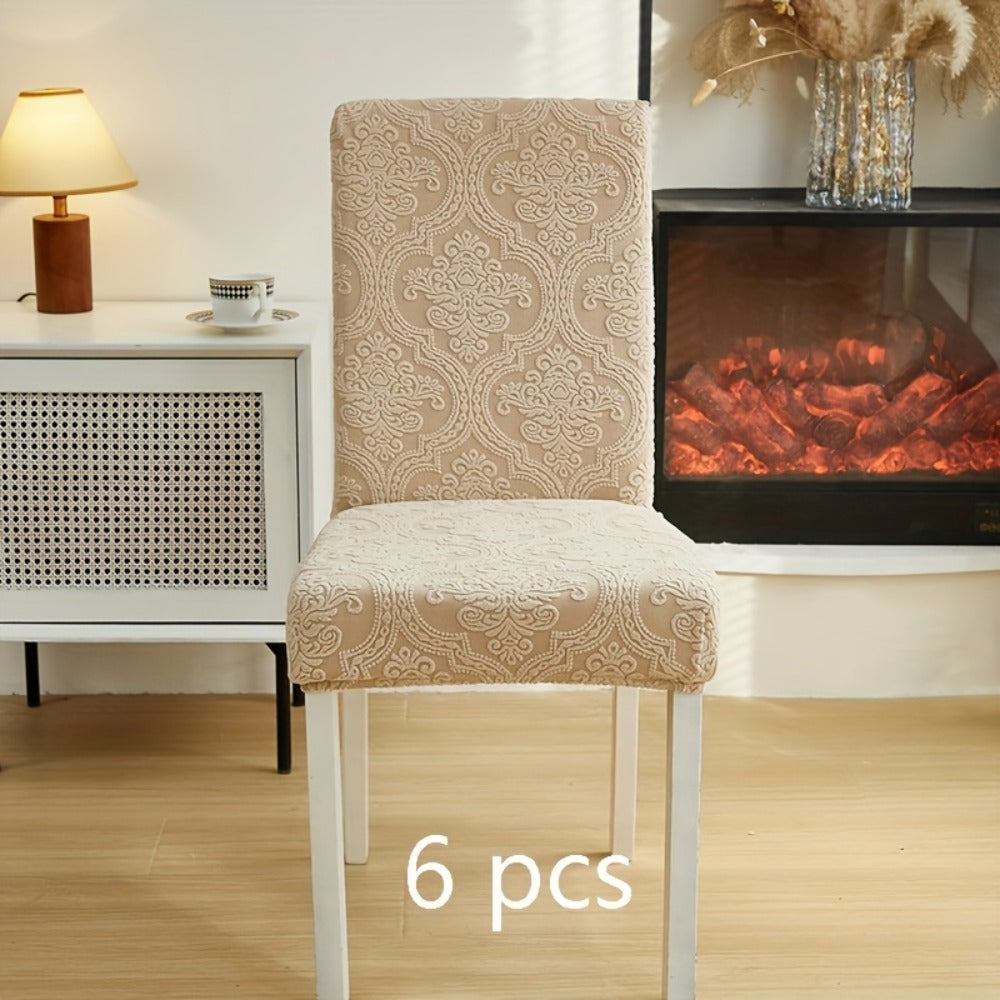 Paisley Stretch Velvet Dining Chair Covers in Off White, Light Gray, Deep Gray or Khaki, Four- or Six-Piece Sets