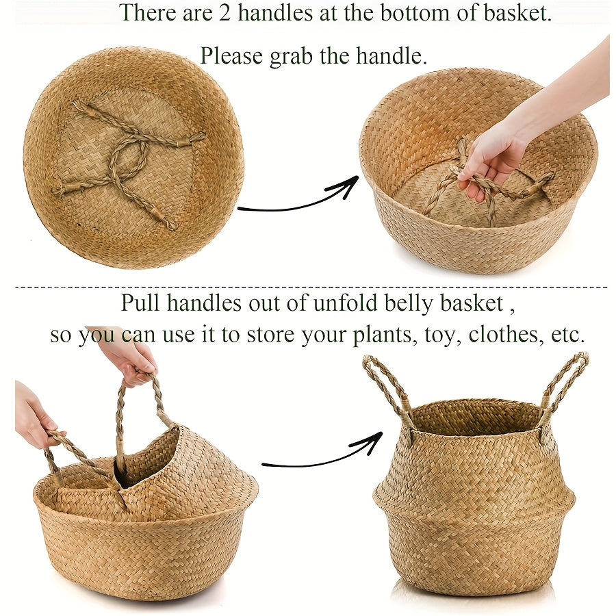 Rattan Bamboo Storage Baskets 2-Pack with Handles, Foldable 12.6 x 11.02-Inch Handheld Organizers