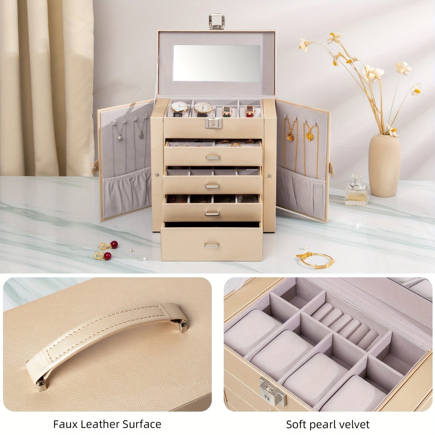 Large Jewelry Box 5-Tier PU Leather Organizer with Lock & Mirror – Storage Case for Bracelets, Earrings, Rings & Necklaces