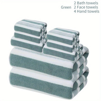 Towel Set 8 Piece Two-Color Striped - Super Absorbent Soft No Hair Loss Bath Towel Combo | 2 Bath Towels 2 Face Towels 4 Hand Towels | Grey Red Blue Green | Bathroom Family Hotel Spa Gift Set
