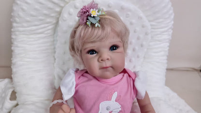 Reborn Baby Doll 16-Inch Cloth Body with Rooted Blonde Hair, Open Eyes, Pink Romper and Pacifier Set