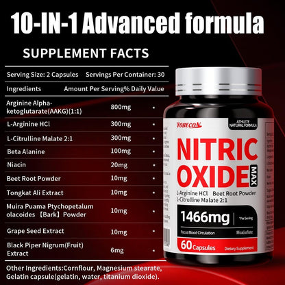 Nitric Oxide Supplement 10-in-1 with L-Arginine, L-Citrulline, AAKG & Beetroot - Blood Flow