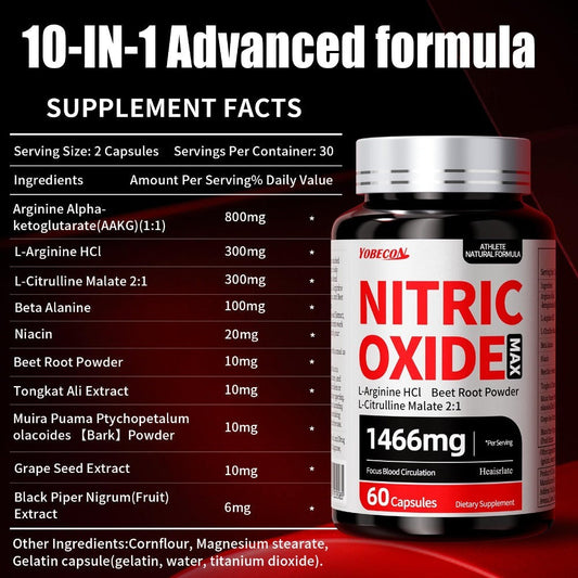 Nitric Oxide Supplement 10-in-1 with L-Arginine, L-Citrulline, AAKG & Beetroot - Blood Flow, Endurance & Energy Booster for Men and Women - Pre-Workout Performance Formula
