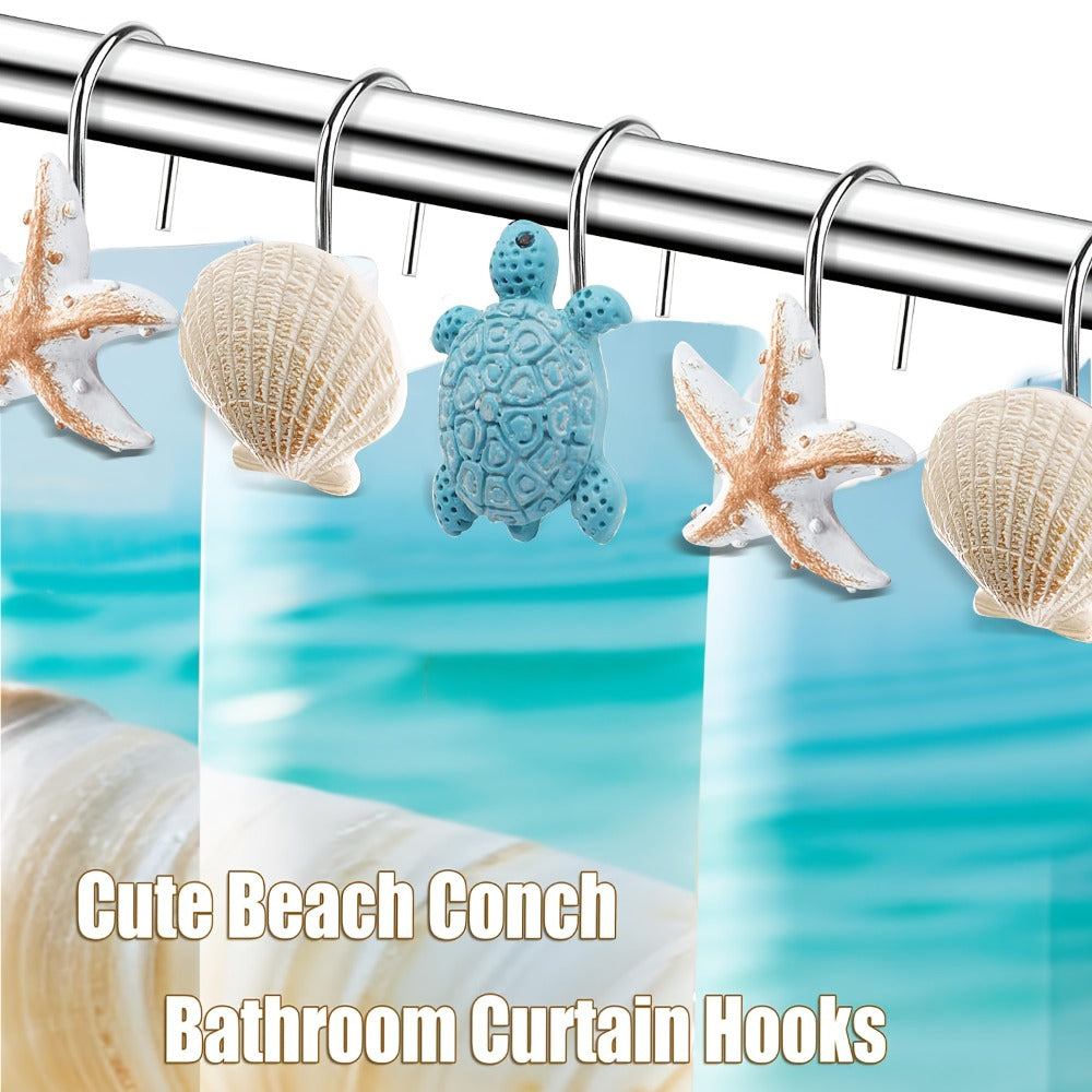 12-Piece Marine Shower Curtain Hook Set with Blue Turtle, Starfish and Seashell Decorations