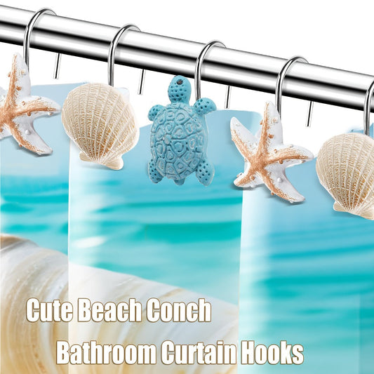 12pcs Resin Marine Shower Curtain Hooks – Blue Turtle & Starfish Shell Decorative Bathroom Curtain Ring Hangers Home Decor Accessories