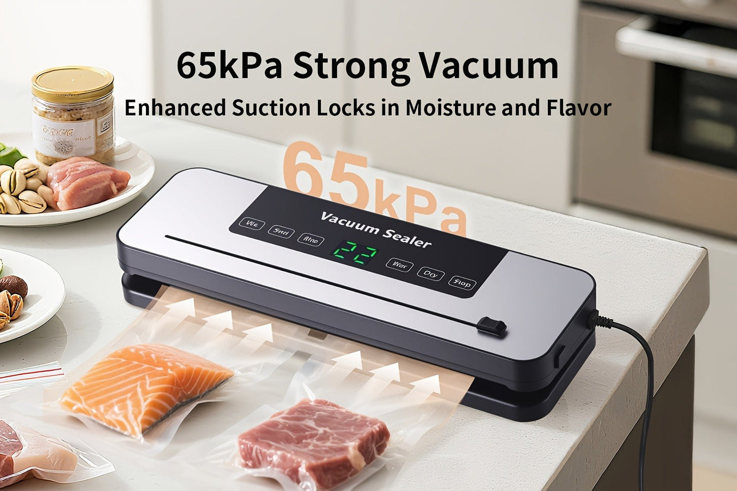 Countertop Vacuum Food Sealer with 65kPa Marking, Integrated Bag Cutter, Hose Port and 10 Bags