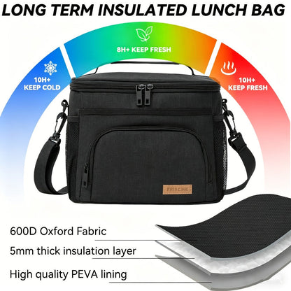 Insulated Lunch Bag with Adjustable Shoulder Strap, Dual Zippers and Black, Grey or Blue Color Options