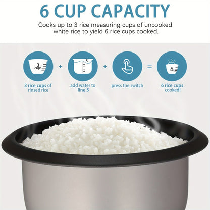 Three-Cup Uncooked / Six-Cup Cooked Rice Cooker with One-Touch Cook and Warm Modes, Inner Pot and Accessories