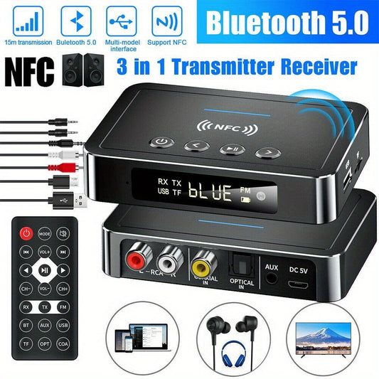 Bluetooth Transmitter Receiver 2-in-1 Wireless Audio Adapter with 3.5mm AUX NFC Input to Dual RCA Output, USB Powered – Stream Music to Home Stereo, TV, Speaker, Car Audio System