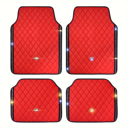 Quilted Crown Car Floor Mats, Four-Piece Set in Red, Black or Prismatic Embossed Style Options