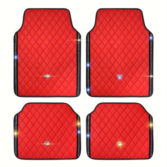 Luxury Car Floor Mats PU Leather Rhinestone Crown Embroidery – Glitter 3D Embossed Foot Pad, Easy Clean, Unisex, Red & Black