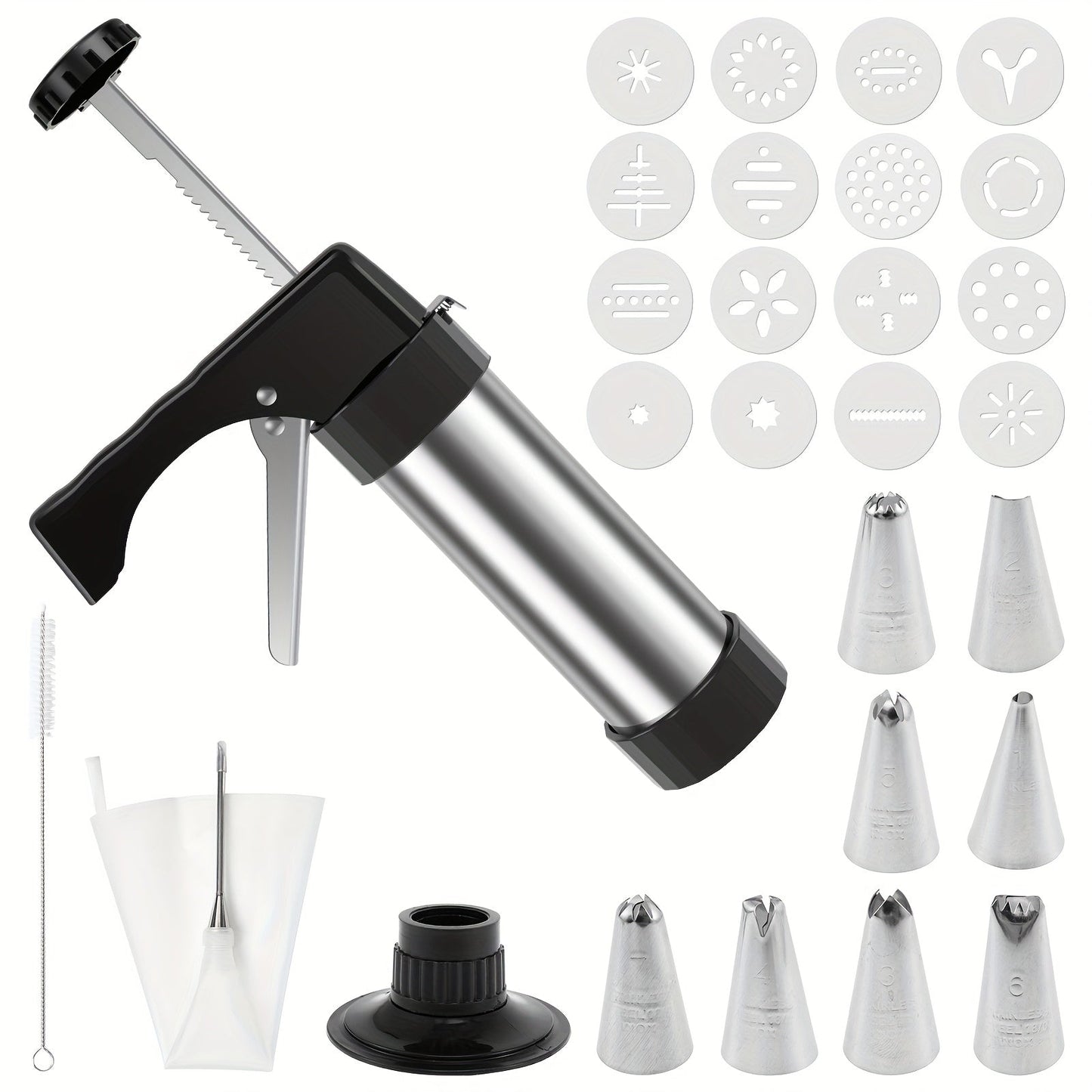 Stainless Steel Cookie Press Kit with 16 Discs, Eight Icing Tips and Cleaning Brush for Holiday Baking