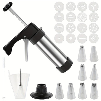 Stainless Steel Cookie Press Kit with 16 Discs, Eight Icing Tips and Cleaning Brush for Holiday Baking