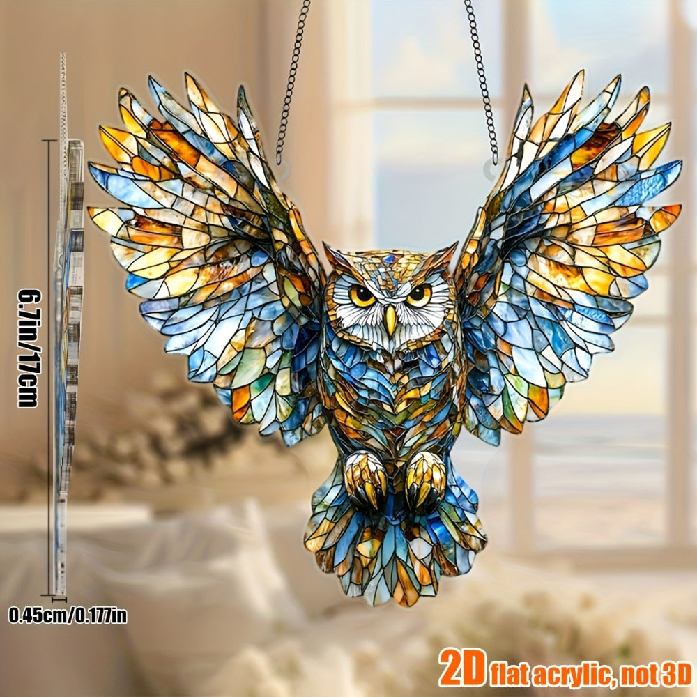 Owl Hanging Ornament Colorful Acrylic 6.7"x8", 2D Flat Animal Wall Art Decoration for Christmas Tree, Home, Office & Outdoor, Unique Birthday & Anniversary Gift for Her – Boho Bird Decor (1pc)