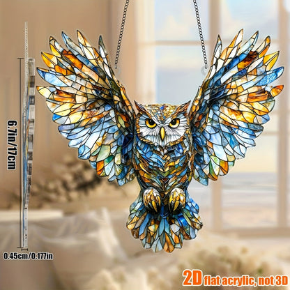 Owl Hanging Ornament Colorful Acrylic 6.7"x8", 2D Flat Animal Wall Art Decoration for Christmas Tree, Home, Office & Outdoor, Unique Birthday & Anniversary Gift for Her – Boho Bird Decor (1pc)