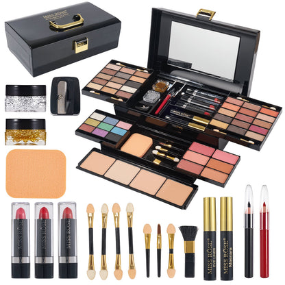 Makeup Kit 58-Color Black Mirror Case with Sliding Trays for Face, Eye and Lip Cosmetics plus Application Tools