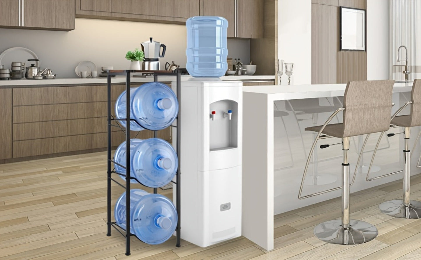 Water Jug Storage Organizer 3-Tier Black Rack for 5-Gallon Bottles in Kitchen, Office or Living Room