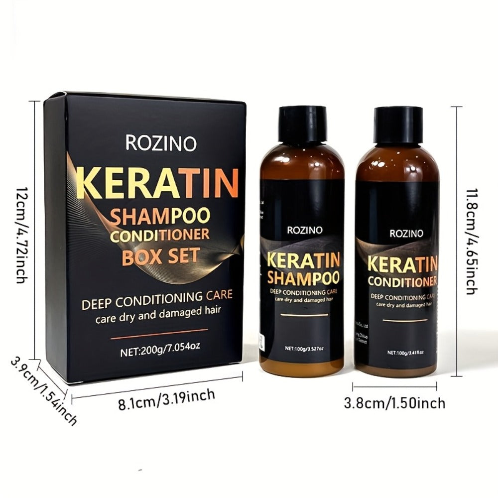 Five-Piece ROZINO Keratin Hair Care Set with Shampoo, Conditioner, Mask and Oil Container Formats