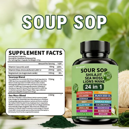 Dietary Supplement Sea Moss 24-in-1 Capsules with Soursop, Lion’s Mane and Shilajit, One or Two Bottles