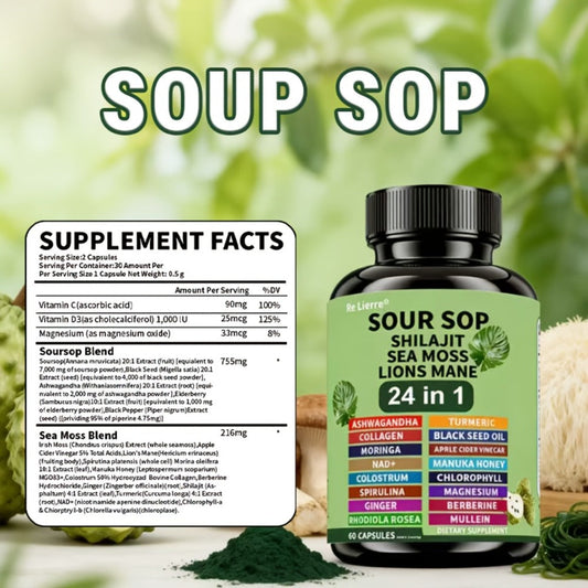 Dietary Supplement Sea Moss 24-in-1 Capsules with Soursop, Lion’s Mane and Shilajit, One or Two Bottles