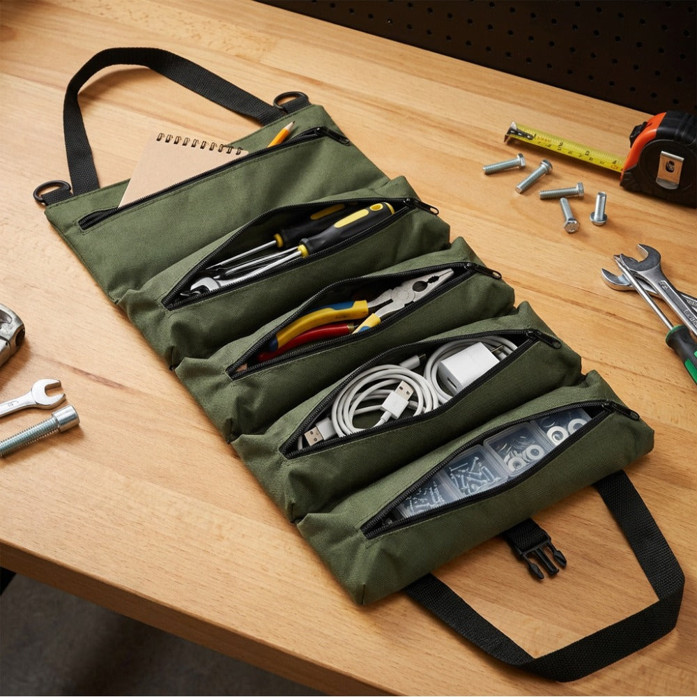 Collapsible Tool Roll Organizer Bag in Green or Black with Multiple Pockets and Carry Handles
