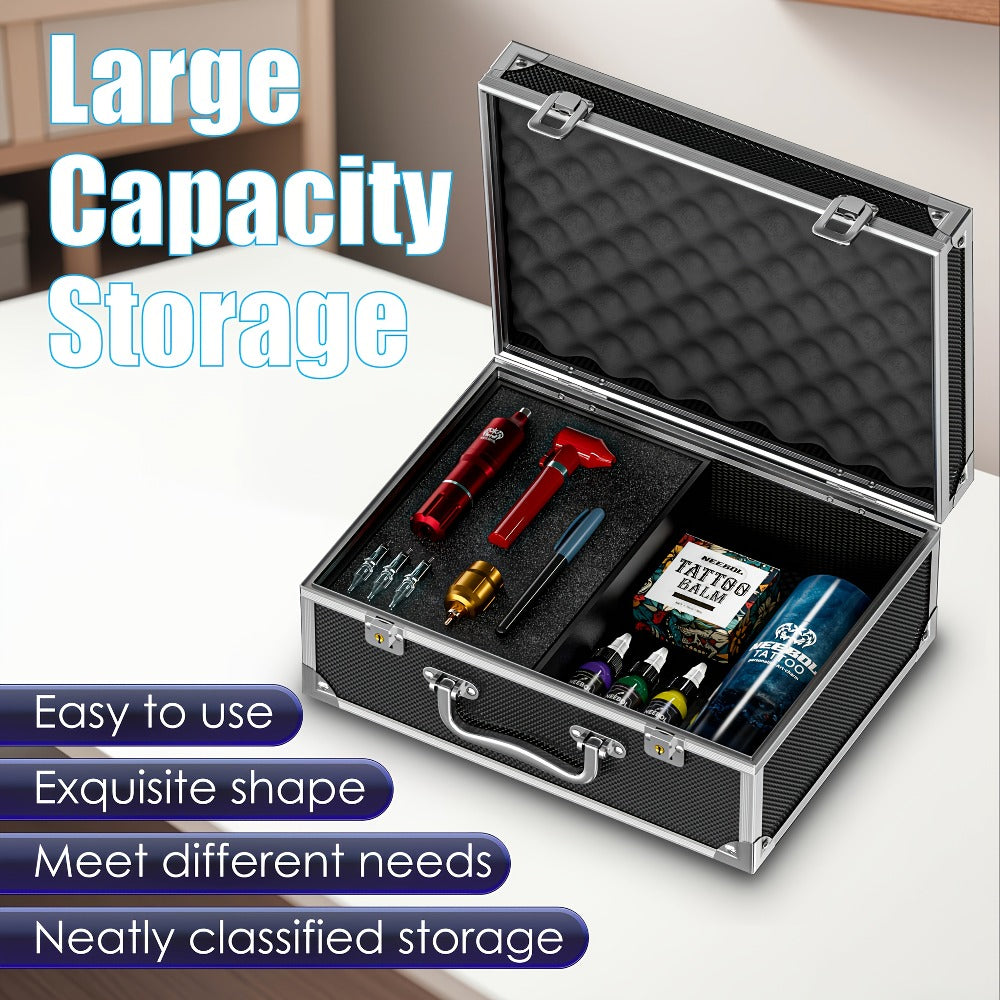 Black Hard-Sided Tattoo Tool Storage Case with Carry Handle, Latches and Pictured Interior Compartments