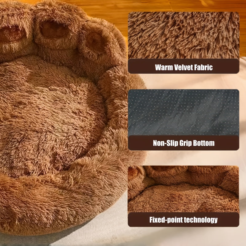 Dog Bed Cat Bed Bear Paw Round Plush Non-Slip – Soft Warm Cuddler Pet Mattress for Puppy, Small, Medium & Large Dogs and Cats, Sizes 20–36 Inch, Colors: Coffee, Pink, Gray