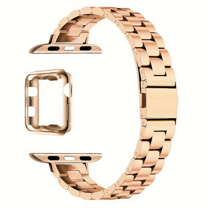 Slim Waist Apple Watch Steel Band & Half Shell Case 3-Piece Set – 2 Stainless Steel Bands + Protective Case Compatible with Apple Watch Series 1–9 SE Ultra 38 40 41 42 44 45 49mm – Gold Silver Rose Black