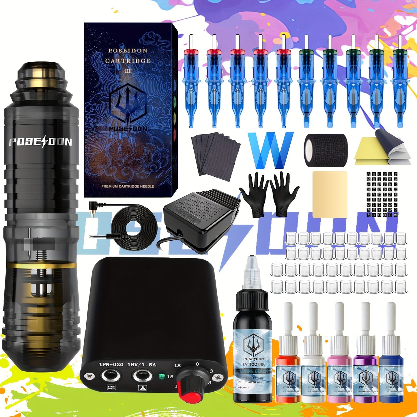 POSEIDON BT18-XH Tattoo Kit with Rotary Pen, Wired Power Supply, Foot Pedal, 10 Cartridges and 6 Inks