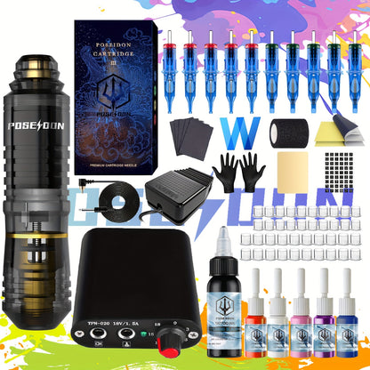 POSEIDON BT18-XH Tattoo Kit with Rotary Pen, Wired Power Supply, Foot Pedal, 10 Cartridges and 6 Inks