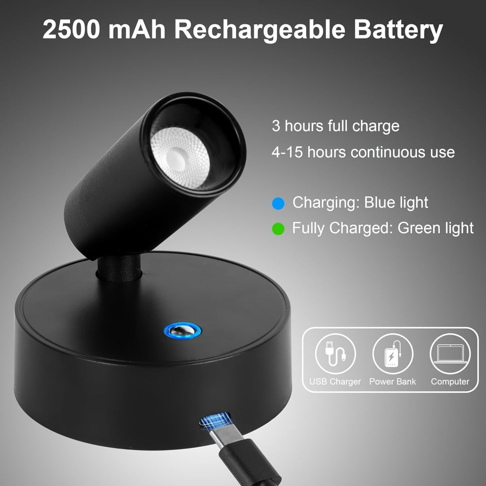 Rechargeable Indoor Spotlight LED – 3-Color Dimmable with Remote & Timer, 350° Adjustable, 2500mAh Battery, Magnetic Base Wall Accent Light for Pictures, Plants & Artwork (White / Black, 1 or 2 Pack)