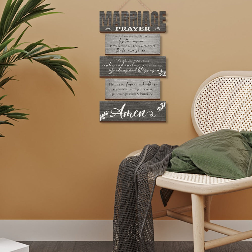 Six-Panel Marriage Prayer Wall Sign Set with Rope Hangers and Rustic Gray Printed Plaque Design