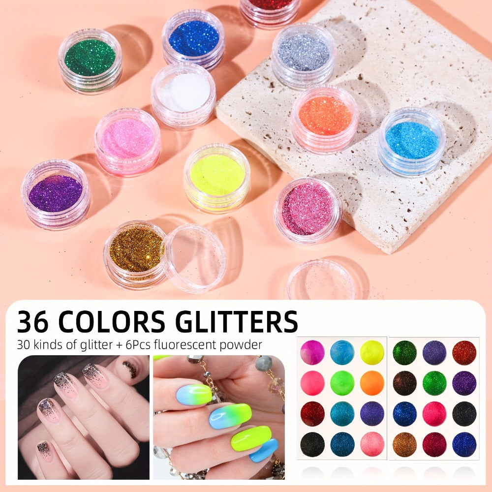 Acrylic Nail Kit with 36W UV LED Lamp, Electric Drill, Three Powders, Glitter Colors, Tips and Manicure Tools