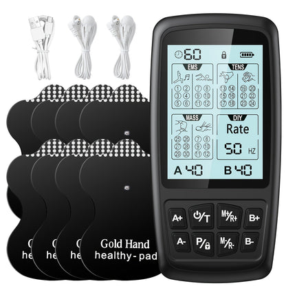 Dual-Channel TENS and EMS Stimulator with Four Electrode Pads in Black 36-Mode or White Versions