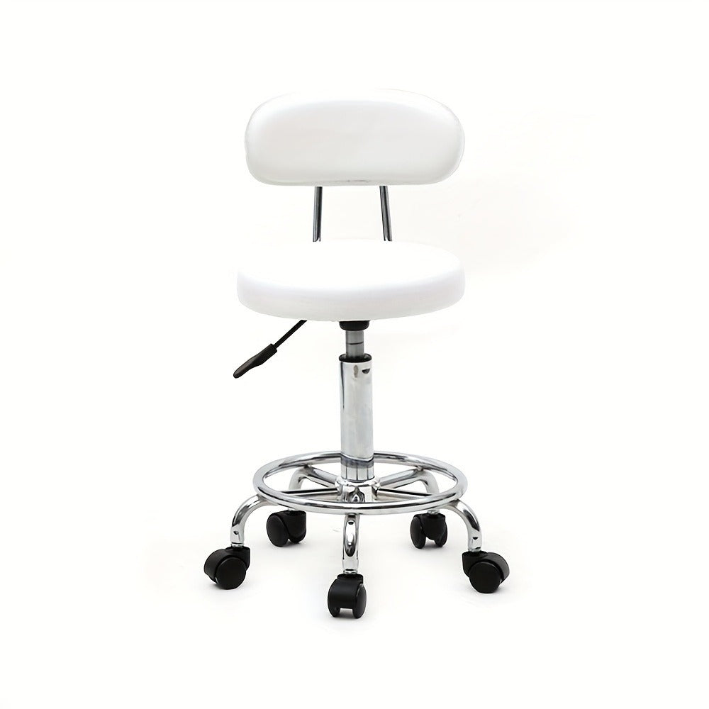 PU Leather Salon Stool with Back & 360° Swivel – Adjustable Height 18.9"-22.8" Round Cushion Chrome Base White Salon Chair for Nail Tech, Esthetician & Beauty Studio
